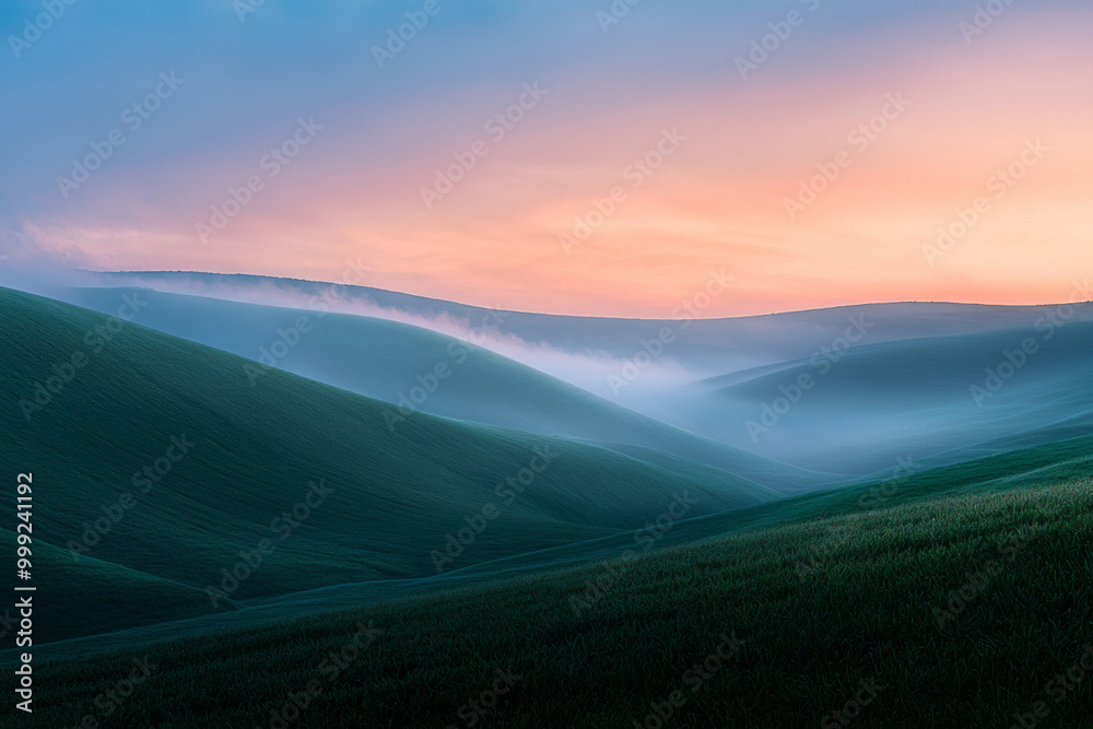 A serene landscape featuring rolling green hills shrouded in mist, illuminated by a soft, colorful sunrise. A serene landscape featuring rolling green hills shrouded in mist, illuminated by a soft, colorful sunrise.