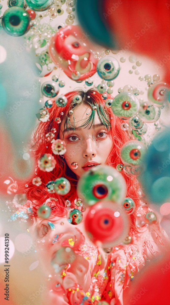 Fototapeta premium Surreal portrait of a woman with vibrant red hair surrounded by floating colorful eyeballs