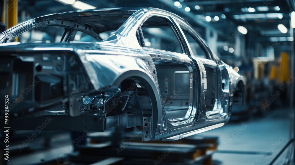 A metallic car frame on an assembly line in an automotive factory, awaiting further construction. A metallic car frame on an assembly line in an automotive factory, awaiting further construction.