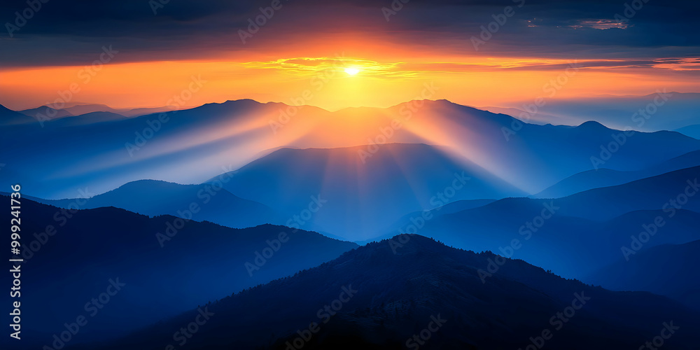 Obraz premium A Vivid Sunset Casts Long Shadows Across a Mountain Range, Creating a Dramatic and Serene Scene