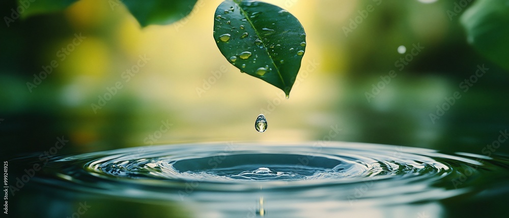 Water droplet falling from a leaf into a still pond. Water droplet falling from a leaf into a still pond.