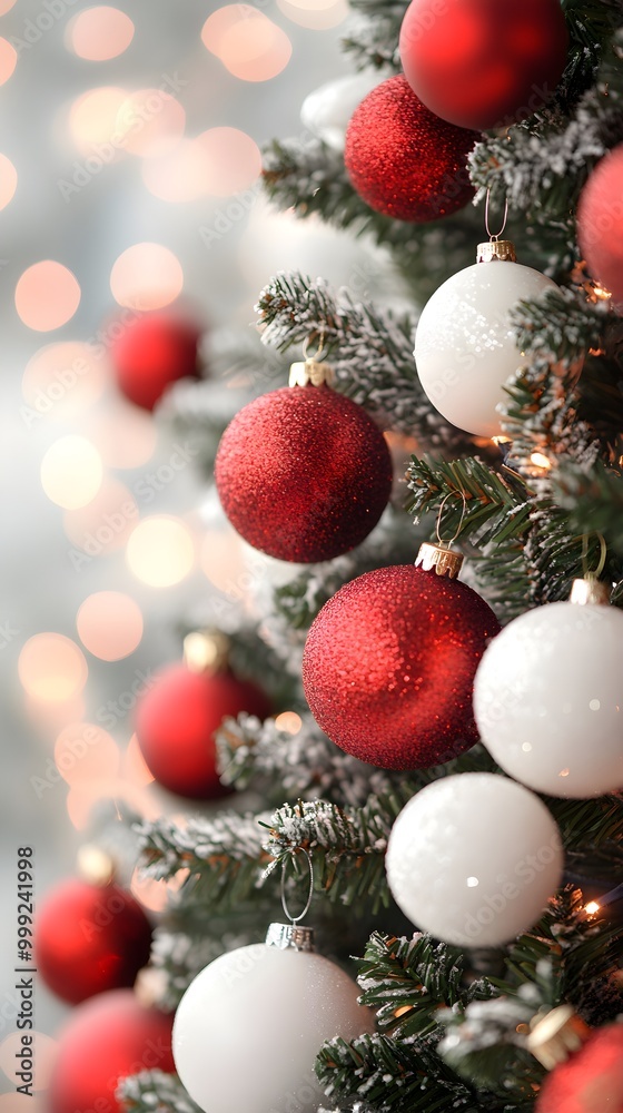 Close up of red, white balls on christmas tree. Bokeh garlands in the background. New Year concept Close up of red, white balls on christmas tree. Bokeh garlands in the background. New Year concept