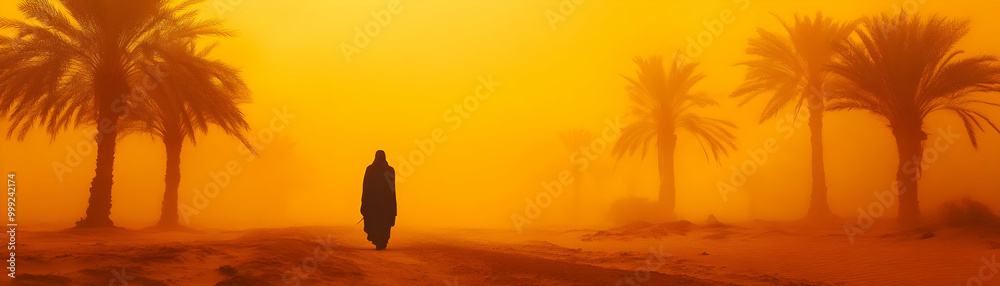 A Solitary Figure Walks Through a Desert Landscape with Palm Trees Silhouetted Against the Hazy Orange Sky A Solitary Figure Walks Through a Desert Landscape with Palm Trees Silhouetted Against the Hazy Orange Sky