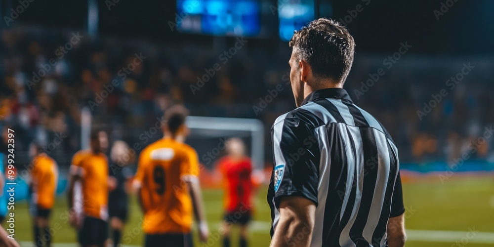 Fototapeta premium A close-up of a referees whistle just after a call, with players' reactions and the tension of competition visible in the background