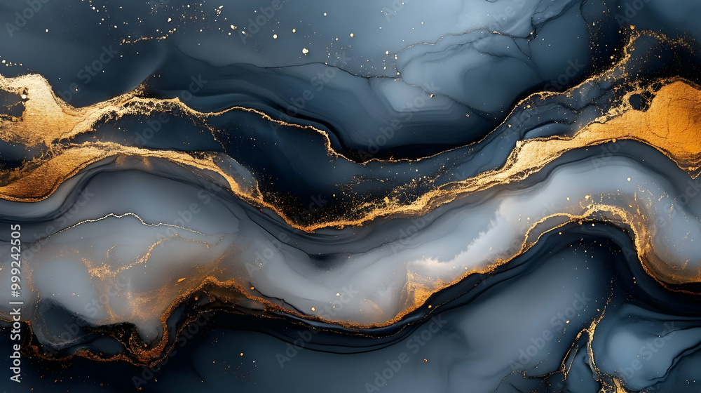 Abstract Art with Swirling Blue and Gold