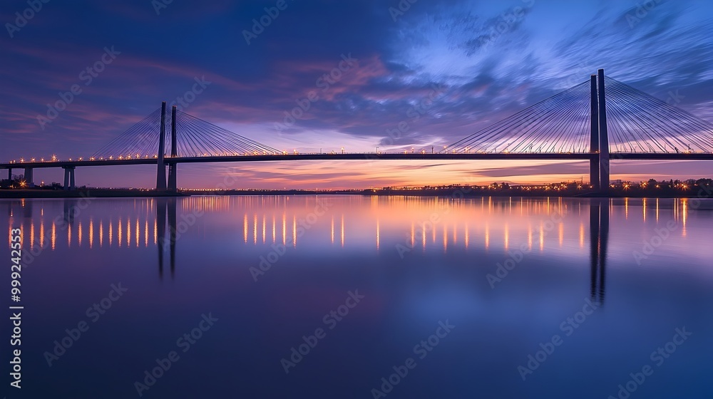 Graceful suspension bridge with elegant structure spanning a tranquil river its reflection shimmering on the calm water below under a peaceful twilight sky Graceful suspension bridge with elegant structure spanning a tranquil river its reflection shimmering on the calm water below under a peaceful twilight sky