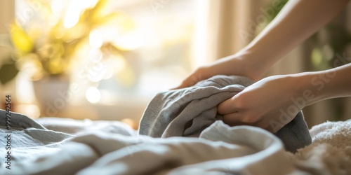 A close-up of hands folding laundry features soft textures and natural light that capture the simplicity and routine of home life