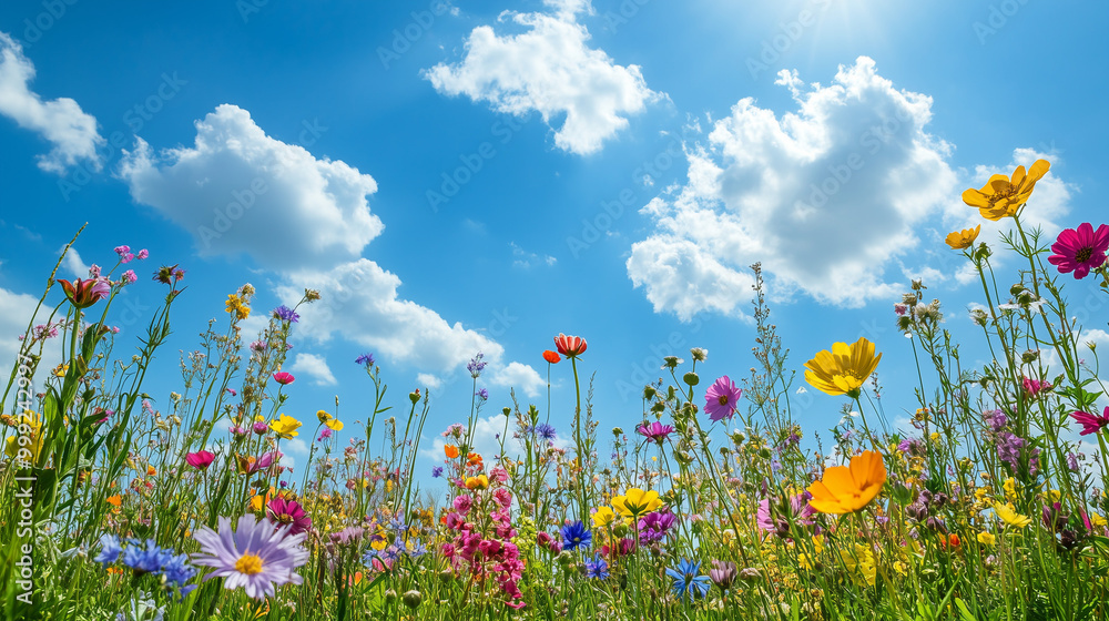 Vibrant Sunlit Meadow with Blooming Wildflowers Vibrant Sunlit Meadow with Blooming Wildflowers