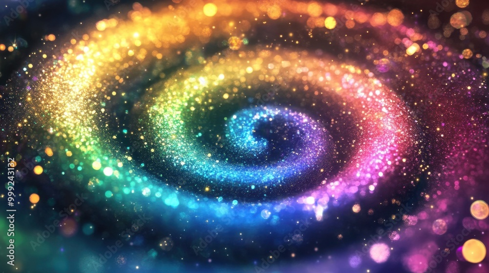 Fototapeta premium Rainbow spiral of fairy dust and glitter spinning into a galaxy of stars, evoking a magical fantasy atmosphere