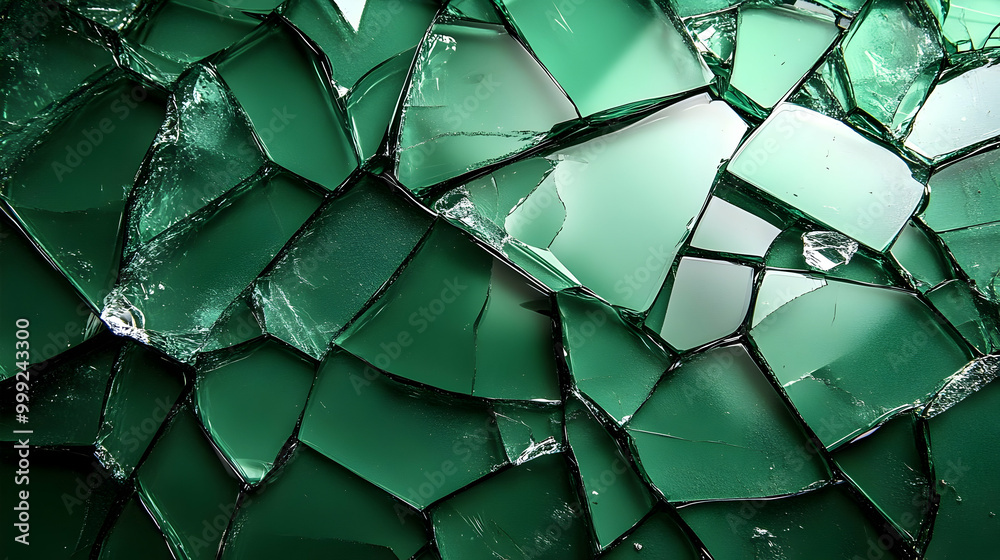 Shattered Green Glass, A Stunning Abstract Art, Close Up, Detailed Textures