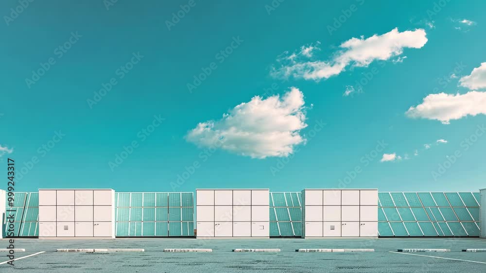A row of solar panels sits under a bright, blue sky with puffy clouds