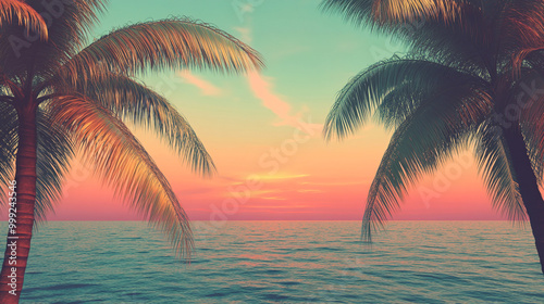 Tropical Sunset with Palm Trees Over Ocean Horizon. Serene tropical sunset over the ocean with vibrant colors, silhouetted palm trees, and peaceful waves. Perfect for travel and relaxation themes.