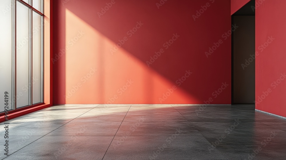 Bright Red Wall with Concrete Floor in Modern Space Bright Red Wall with Concrete Floor in Modern Space
