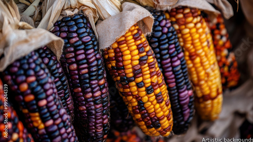 Close-up of colorful dried corn ears hanging together.