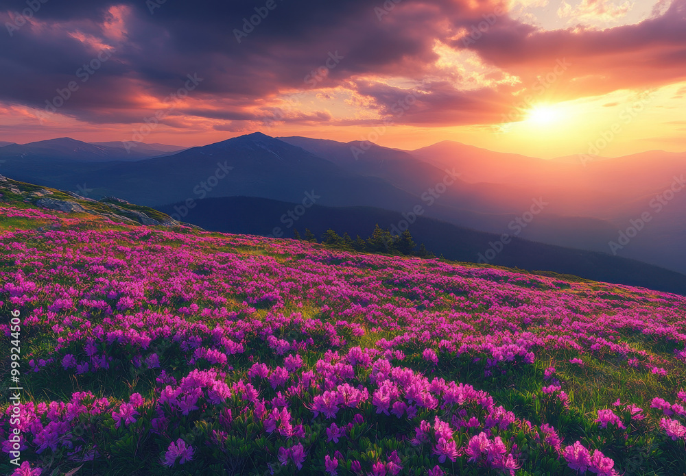 Vibrant pink flowers in a mountainous landscape during a stunning sunset. Vibrant pink flowers in a mountainous landscape during a stunning sunset.