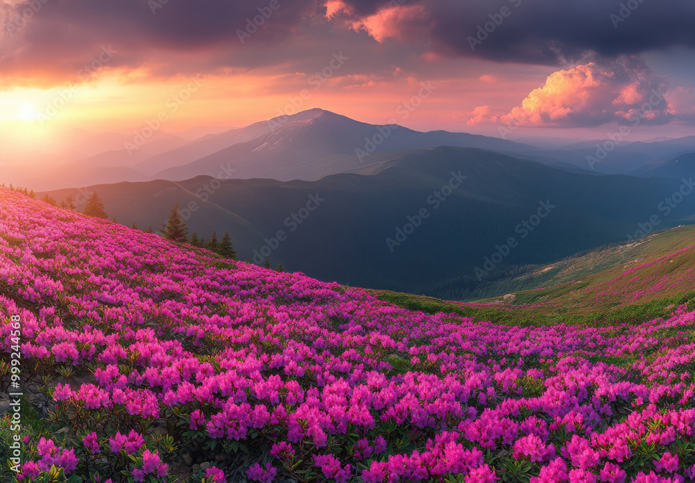 Stunning sunset over a vast mountain range with vibrant fields of pink flowers in the foreground. Stunning sunset over a vast mountain range with vibrant fields of pink flowers in the foreground.