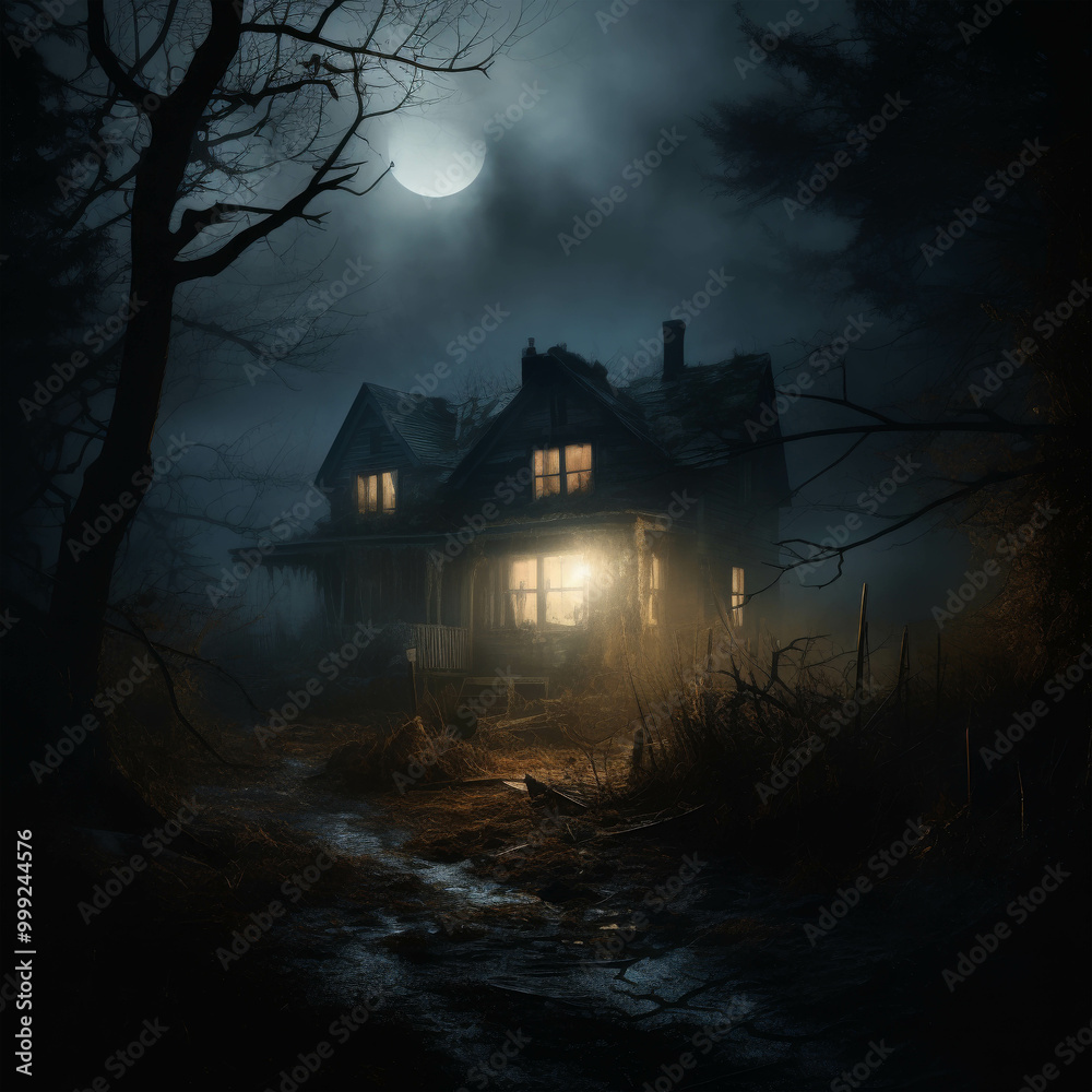 Haunted House at Night with a Single Light Glow Haunted House at Night with a Single Light Glow