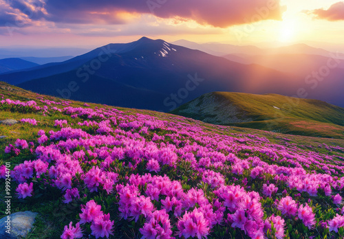 Breathtaking sunset over a vibrant field of pink flowers in a mountainous landscape.