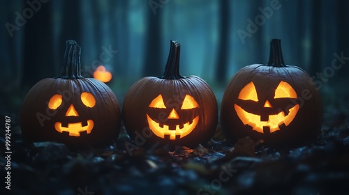 Spooky jack-o-lantern carved into a pumpkin, a traditional Halloween symbol of autumn