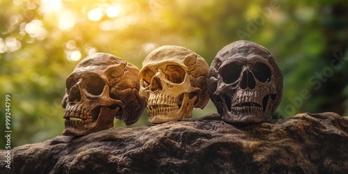 a hominid skull reconstruction, showing gradual changes in human evolution over time.