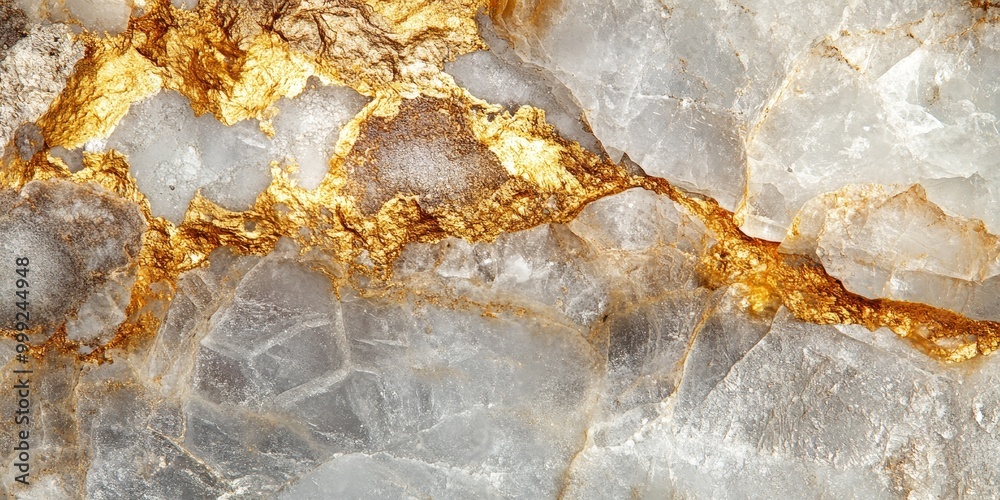 Fototapeta premium a vein of gold in quartz rock, with the metallic sheen of the mineral contrasting against the white matrix.