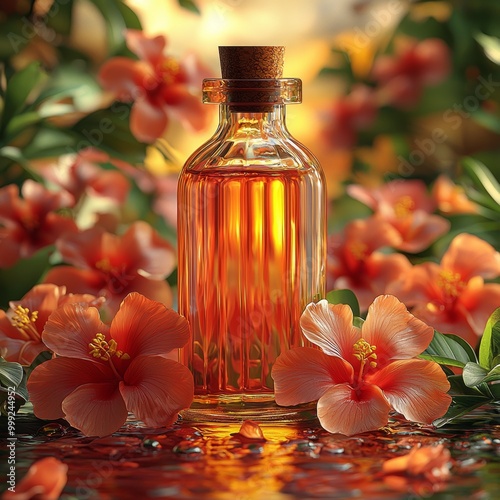 Natural hair oil products photo shoot with tropical flowers, realistic hyper-detailed rendering, sunset tones, eye-catching tags, free-flowing lines, cute cartoonish design, water drops