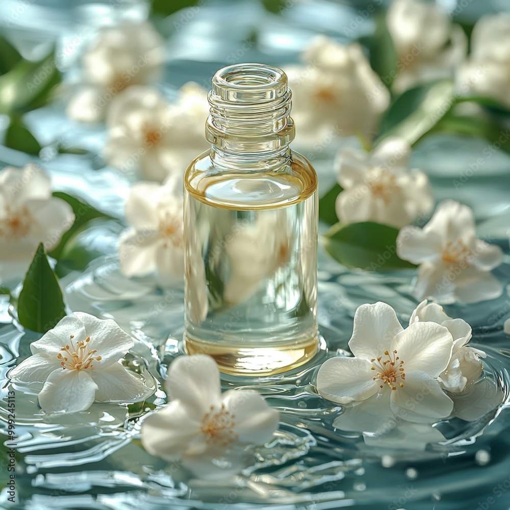 Natural body oil products photo shoot with jasmine flowers, realistic hyper-detailed rendering, creamy white tones, eye-catching tags, free-flowing lines, cute cartoonish design, water drops Natural body oil products photo shoot with jasmine flowers, realistic hyper-detailed rendering, creamy white tones, eye-catching tags, free-flowing lines, cute cartoonish design, water drops