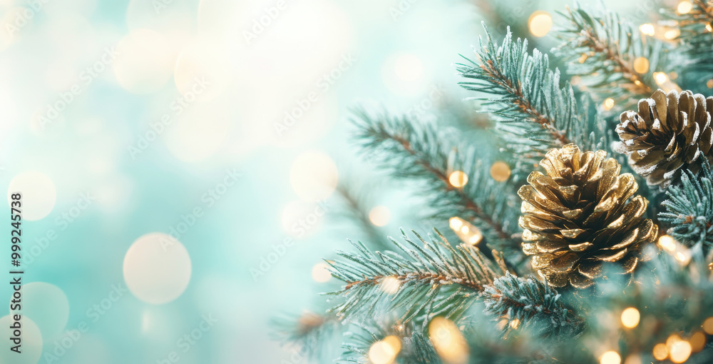 Close-up of decorated pine branches with pine cones and lights in a festive winter scene.