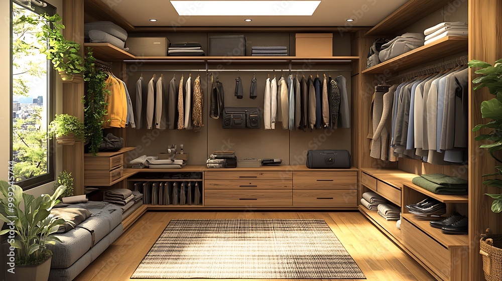 Fototapeta premium Modern walk-in closet with wood shelves, drawers, and clothes.