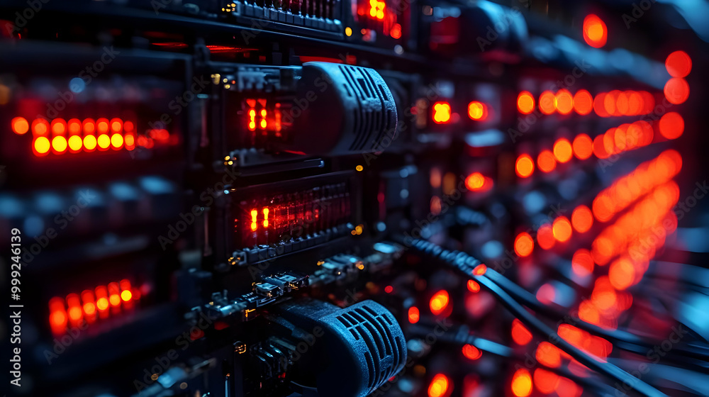 Server Racks Glowing with Red Lights Close Up Server Racks Glowing with Red Lights Close Up