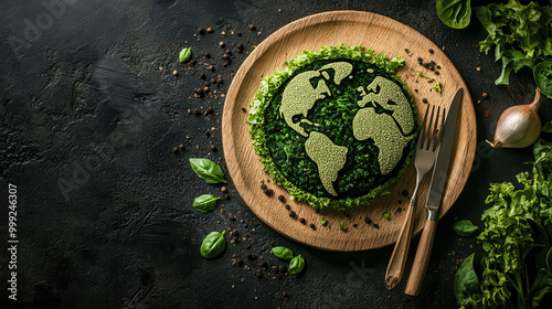 Fototapeta Naklejka Na Ścianę i Meble -  Earth-shaped dish made from fresh greens on a dark textured background