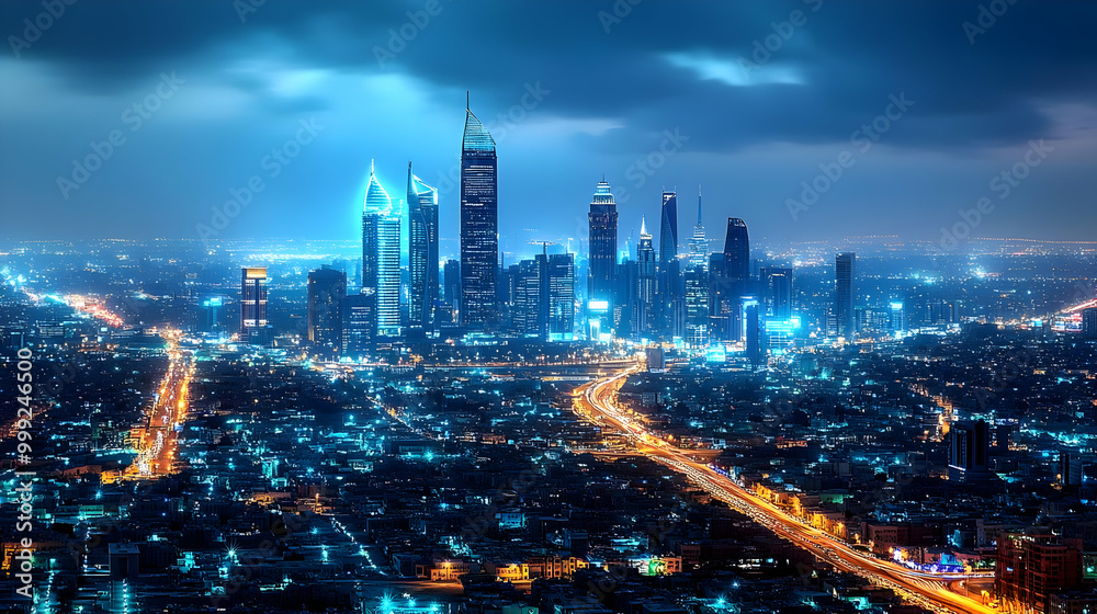 City Skyline Glowing at Night with Skyscrapers and Streets City Skyline Glowing at Night with Skyscrapers and Streets