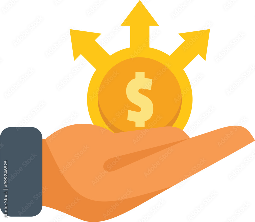 Businessman is holding a golden coin with three arrows pointing upwards, symbolizing financial growth and success Businessman is holding a golden coin with three arrows pointing upwards, symbolizing financial growth and success