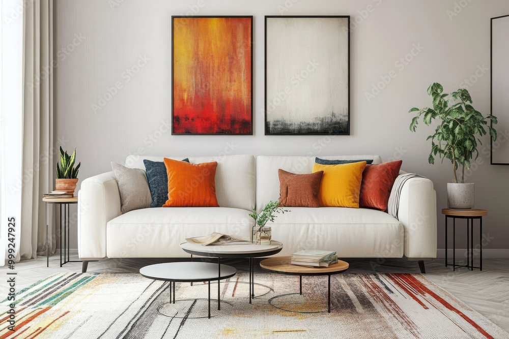 Fototapeta premium Modern living room with contemporary art, vibrant throw pillows on a white sofa, and potted plants.