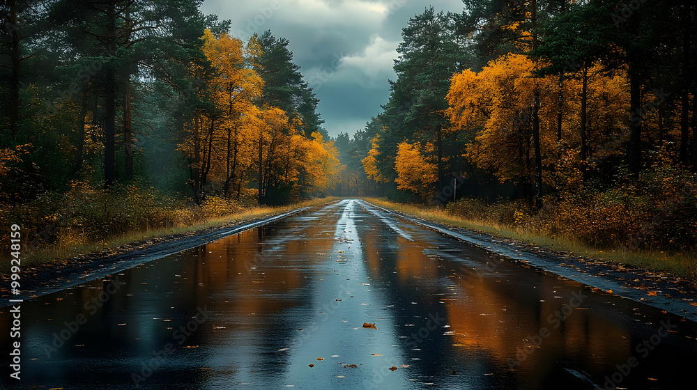 Fototapeta premium Autumn Road with Reflections in a Puddles