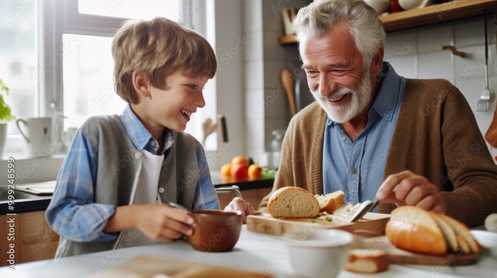 A cheerful boy feeds his smiling grandfather a piece of bread at a kitchen table, highlighting the loving and playful nature of their relationship. A cheerful boy feeds his smiling grandfather a piece of bread at a kitchen table, highlighting the loving and playful nature of their relationship.