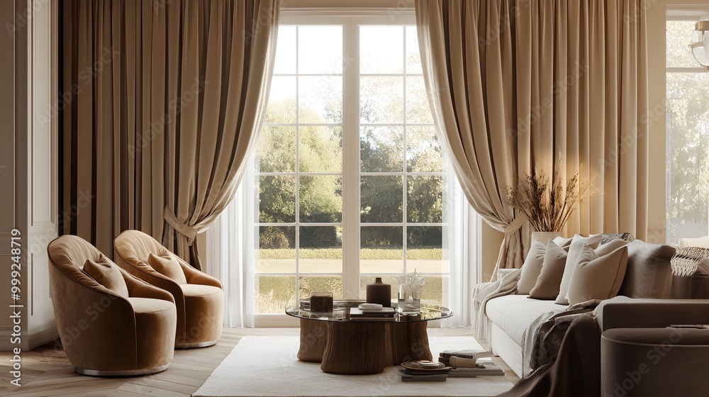 Cozy and inviting living room with elegant thick velvet curtains drawn back with decorative tiebacks framing a beautiful view outside and adding a touch of luxury to the neutral toned decor