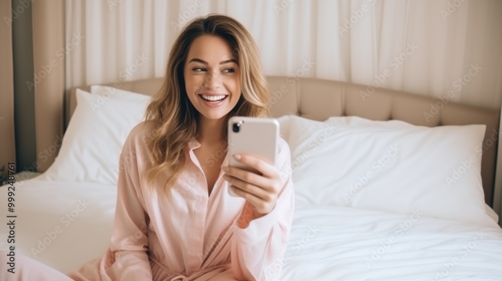 A young woman in pink pajamas captures a cheerful selfie while sitting on a cozy, well-made bed, radiating a sense of relaxed joy. A young woman in pink pajamas captures a cheerful selfie while sitting on a cozy, well-made bed, radiating a sense of relaxed joy.