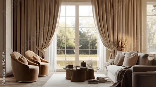 Obraz na płótnie Cozy and inviting living room with elegant thick velvet curtains drawn back with decorative tiebacks framing a beautiful view outside and adding a touch of luxury to the neutral toned decor w salonie