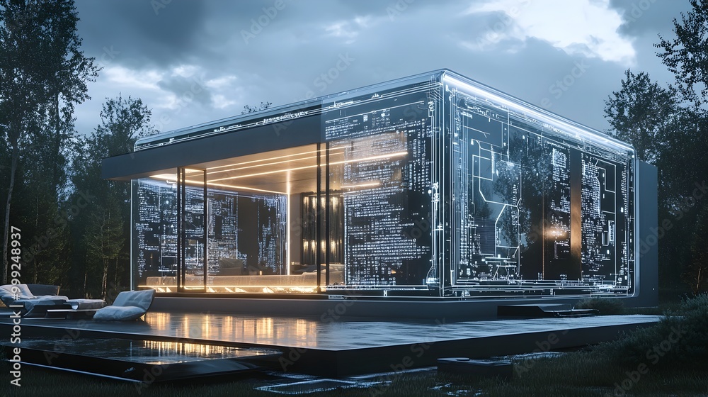 A conceptual 3D visualization of a cutting edge smart house with its exterior resembling the intricate design of a microchip incorporating large glass panels metallic textures A conceptual 3D visualization of a cutting edge smart house with its exterior resembling the intricate design of a microchip incorporating large glass panels metallic textures