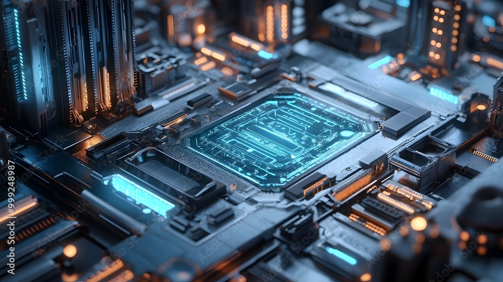 A conceptual 3D visualization of a smart house that resembles the intricate design of a microchip incorporating large glass panels metallic textures and illuminated details to create a cutting edge A conceptual 3D visualization of a smart house that resembles the intricate design of a microchip incorporating large glass panels metallic textures and illuminated details to create a cutting edge