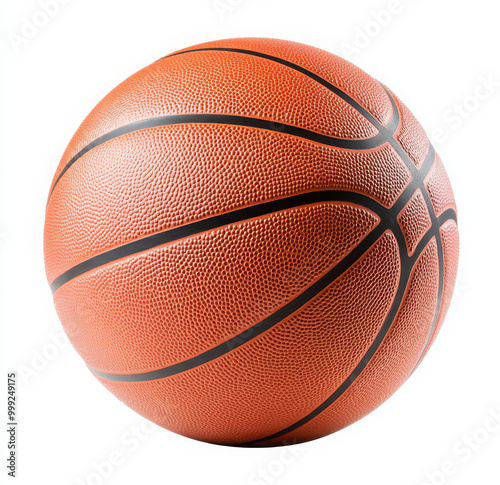 Close-up of a textured orange basketball with black lines on a white background.