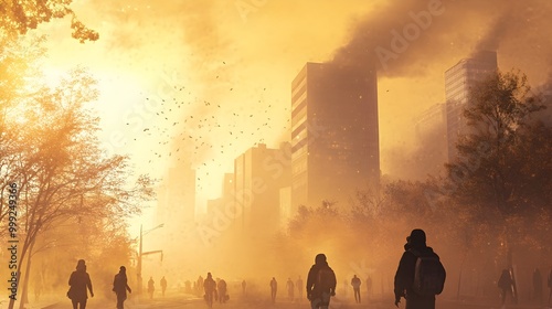 3D of a Polluted Urban Cityscape with Thick Smog Clouds Hanging in the Air Obscuring Buildings and Structures as People Wear Masks for Protection from the Hazardous Air Crisis
