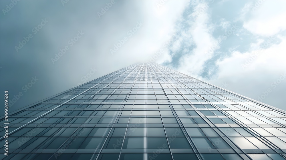 Close up photograph of a modern skyscraper s peak highlighting the geometric patterns of its windows and the metallic finish with a background of soft clouds and the vast sky Close up photograph of a modern skyscraper s peak highlighting the geometric patterns of its windows and the metallic finish with a background of soft clouds and the vast sky