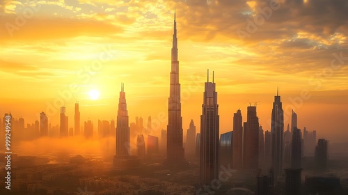 Dramatic and captivating image of a city skyline silhouetted against a vibrant golden sunset  The towering building with its intricate design and antenna spires stands tall