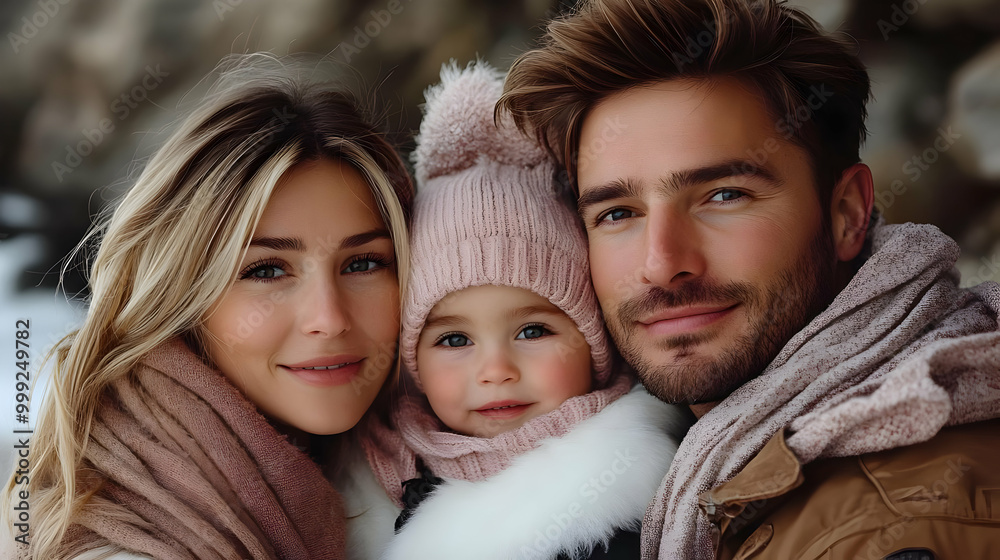 Obraz premium Family Portrait with Winter Accessories, Joyful Smiles, Loving Parents and Child, Winter Clothes, Happy Family