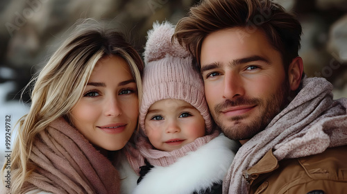 Family Portrait with Winter Accessories, Joyful Smiles, Loving Parents and Child, Winter Clothes, Happy Family