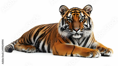 Striped Beauty: A Majestic Tiger Lying on a White Background