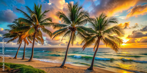 serene beach scene featuring tropical palm trees swaying gently in warm breeze as sun sets over ocean  creating picturesque and tranquil atmosphere