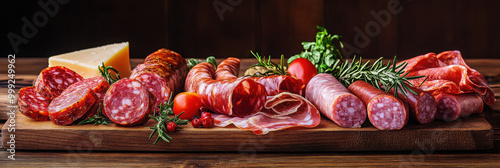 A variety of cured meats and cheeses arranged on a wooden board with fresh herbs and vegetables.